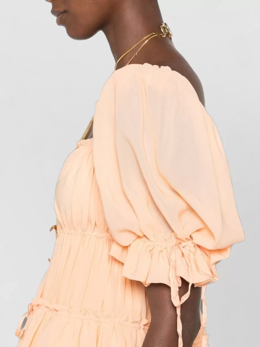 Chloé Silk Tiered Square-Neck Puff-Sleeve Mini Dress
