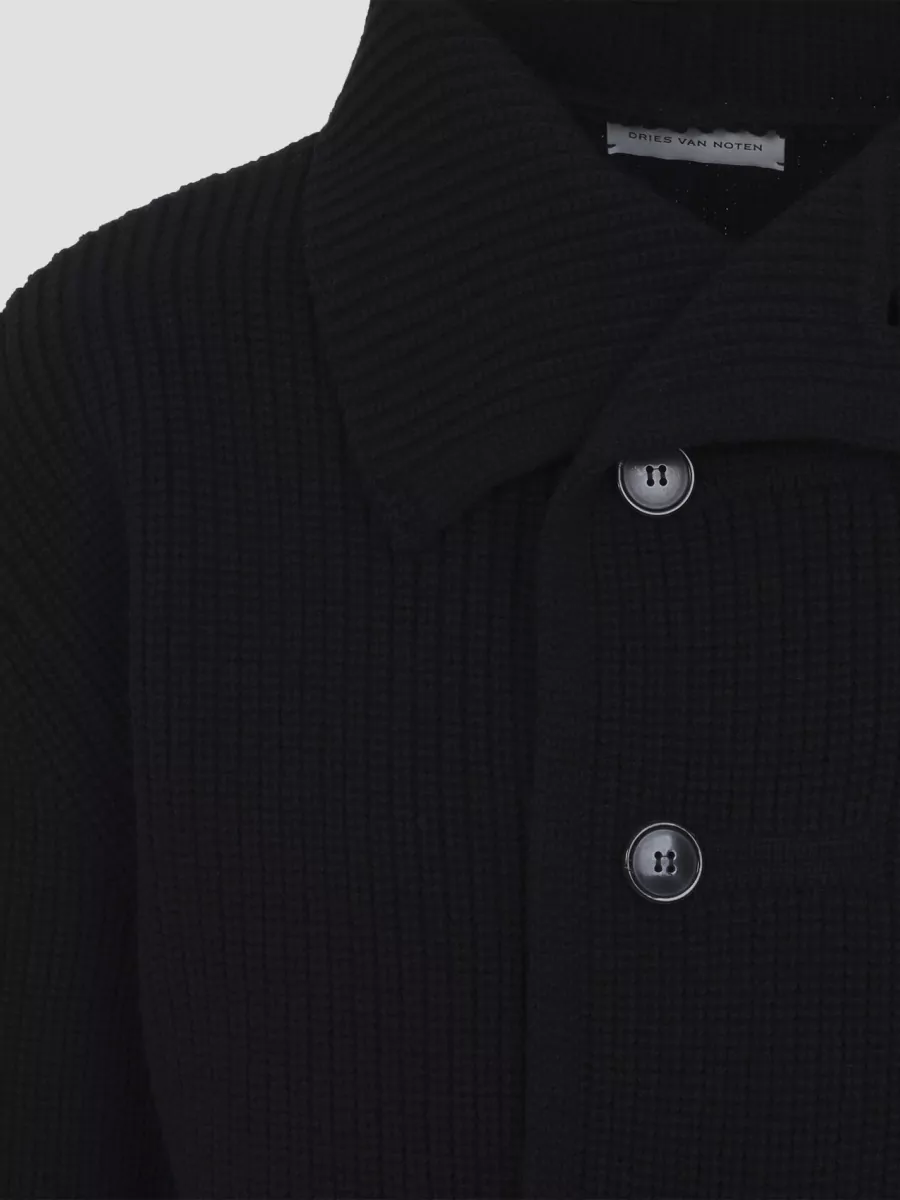 Dries Van Noten Wool Ribbed Asymmetric High Neck Cardigan