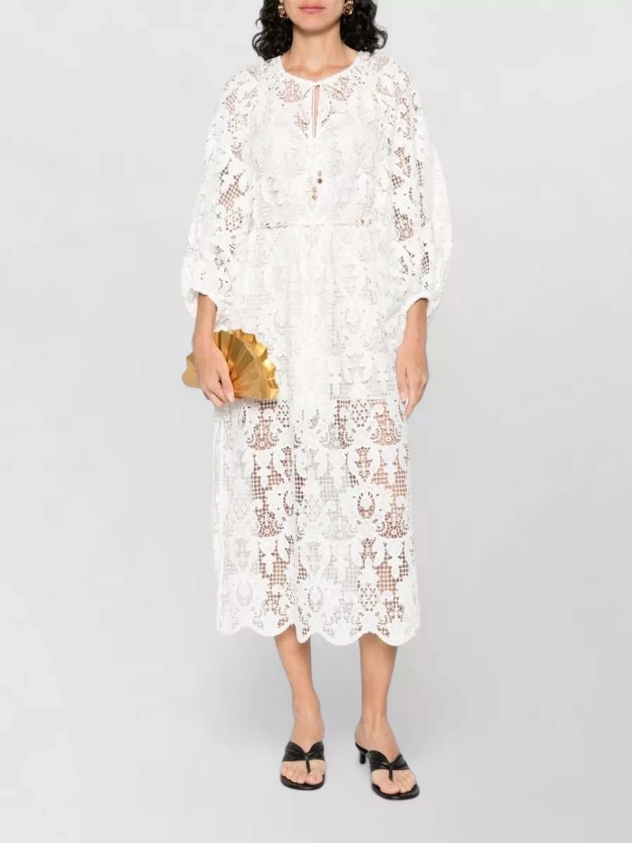 Zimmermann Lace-Up Puff-Sleeve Midi Dress