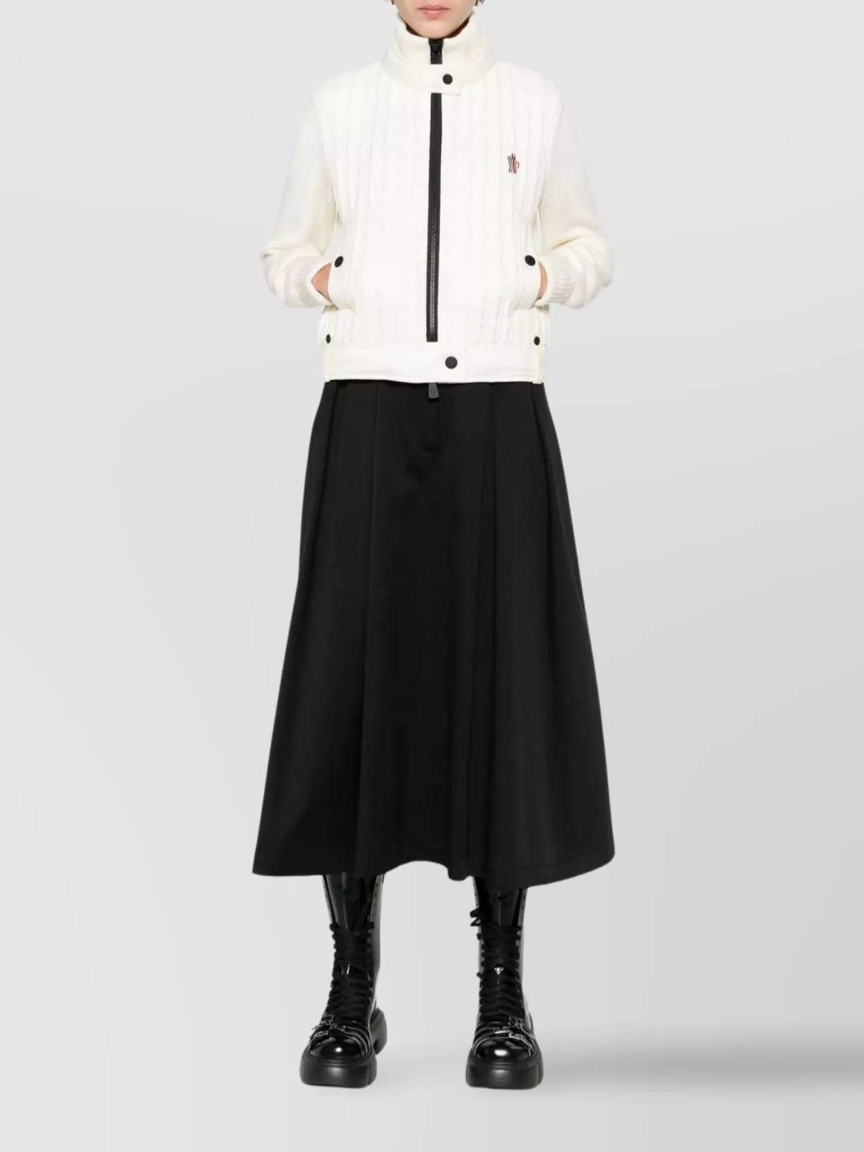 Moncler High Collar Knitted Jacket Pockets In Neutral