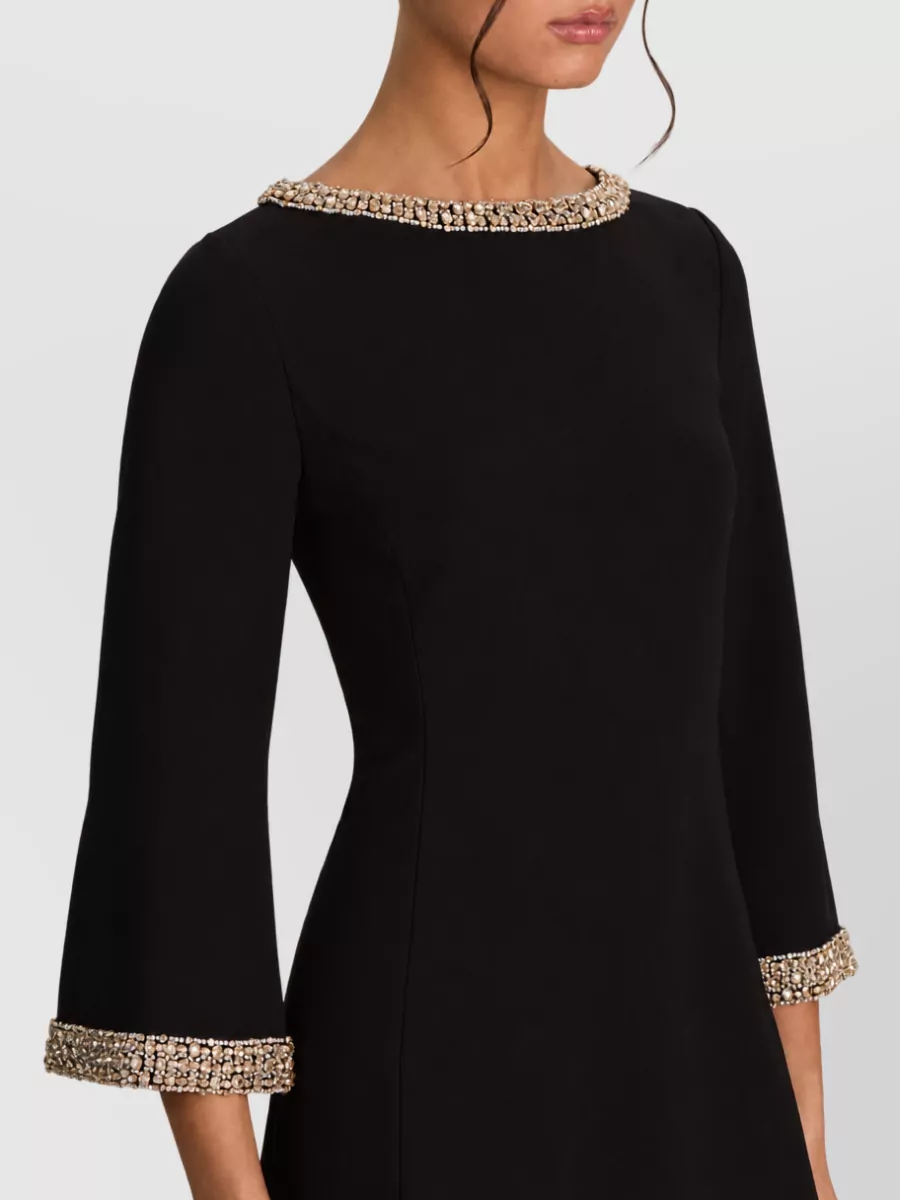 Alice + Olivia Crystal Embellished Bead Trim Boat Neck Three Quarter Sleeve Mini Dress