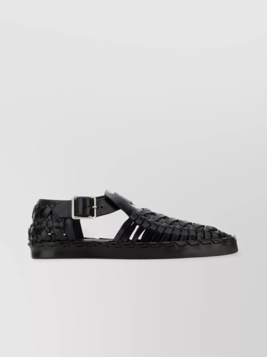 Shop Jil Sander Leather Woven Sandals With Flat Sole And Buckle Detail In Black