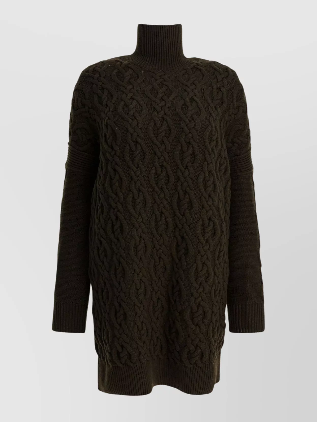 Max Mara Cashmere And Wool Turtleneck Cable Knit Dress In Brown