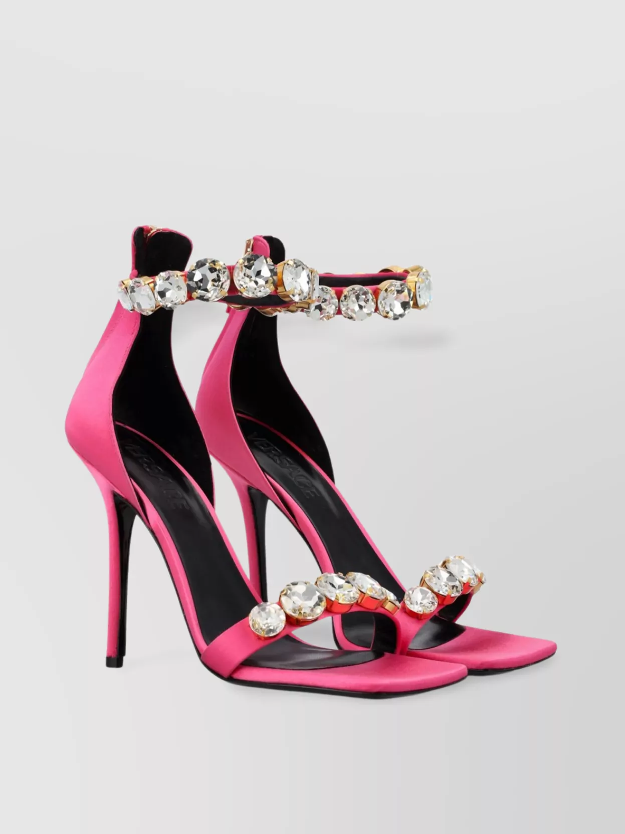 Shop Versace Crystal Embellished Ankle Strap Sandals In Pink