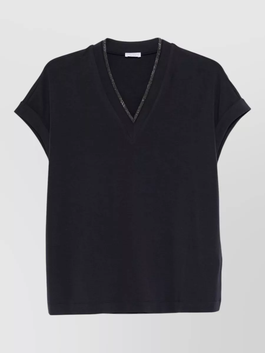 Brunello Cucinelli V-neck T-shirt Featuring Rolled Cuffs In Black