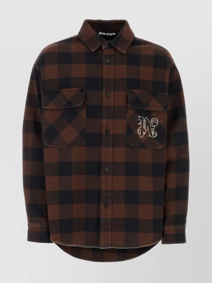 Shop Palm Angels Embroidered Check Flannel Oversize Shirt In Brown