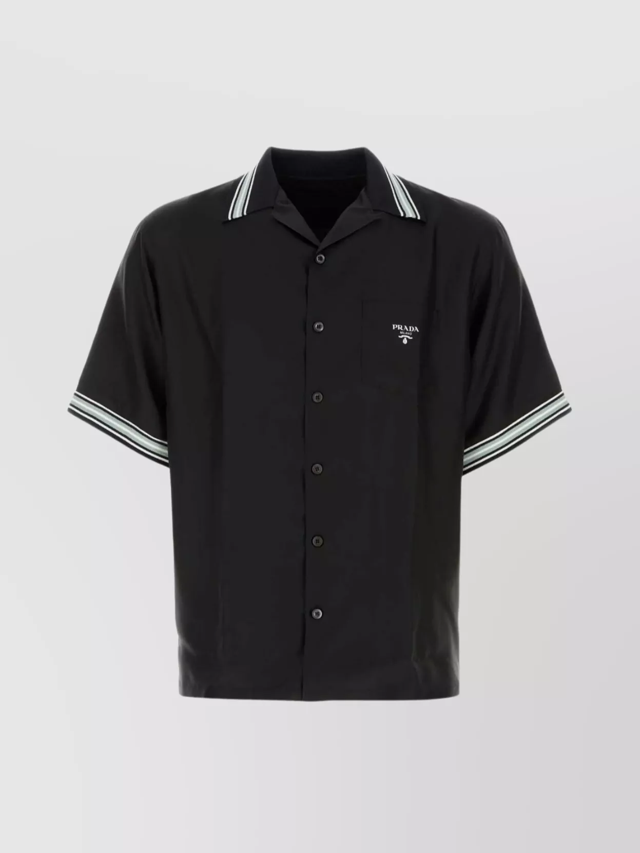 Prada Twill Shirt With Short Sleeves And Striped Trim In Black
