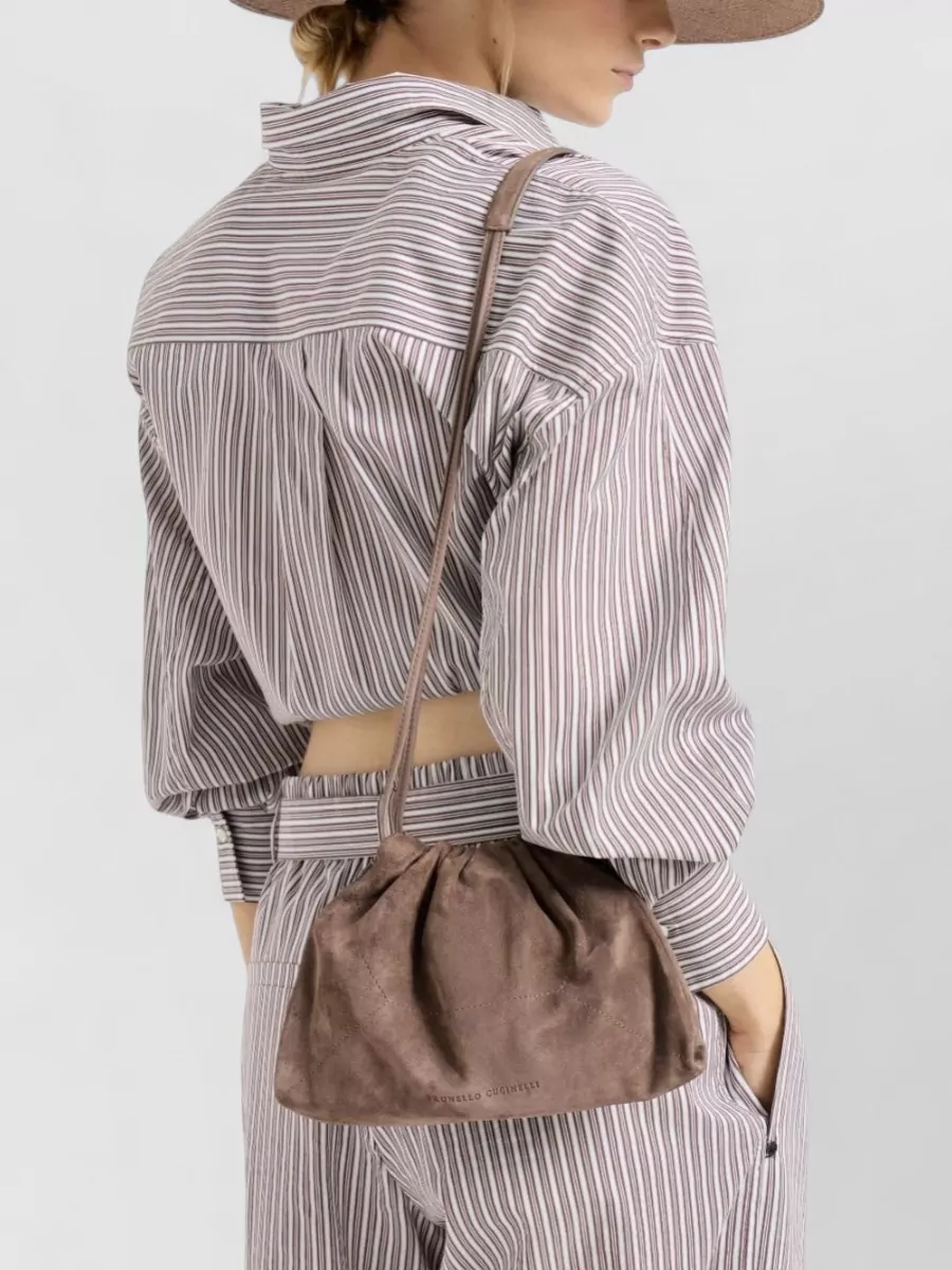Brunello Cucinelli Suede Shoulder Bag Adjustable Strap Monili