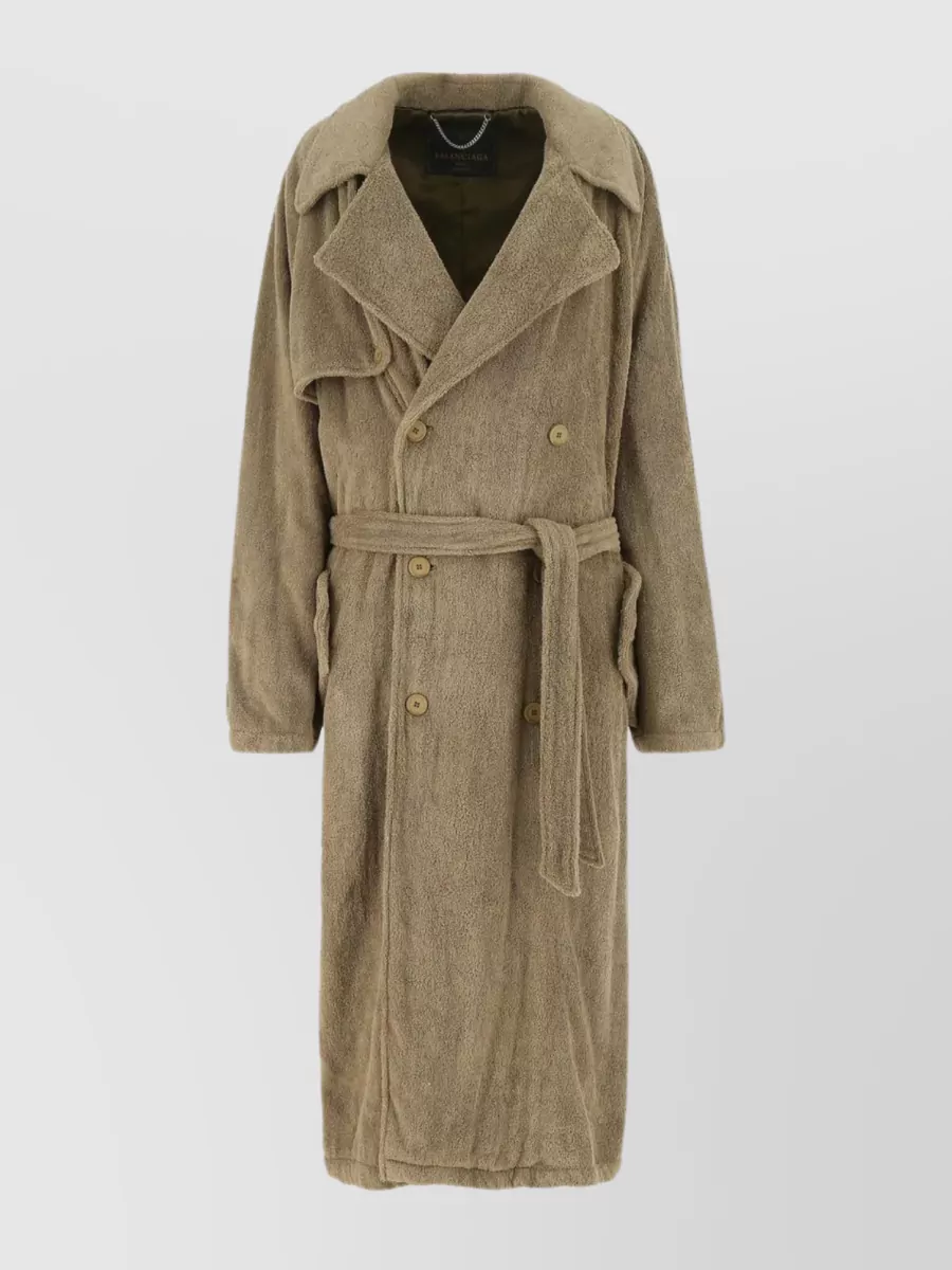 Shop Balenciaga Cotton Oversize Coat With Belted Waist And Textured Fabric In Beige