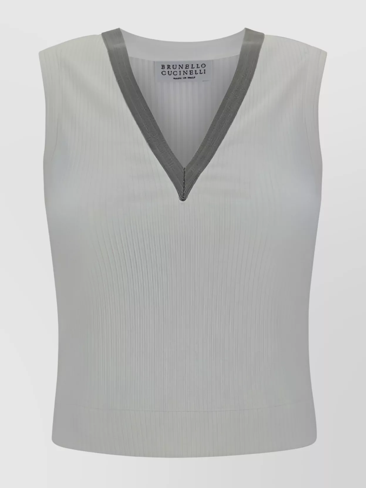 Brunello Cucinelli Ribbed Cotton V-Neck Top With Bead Detail