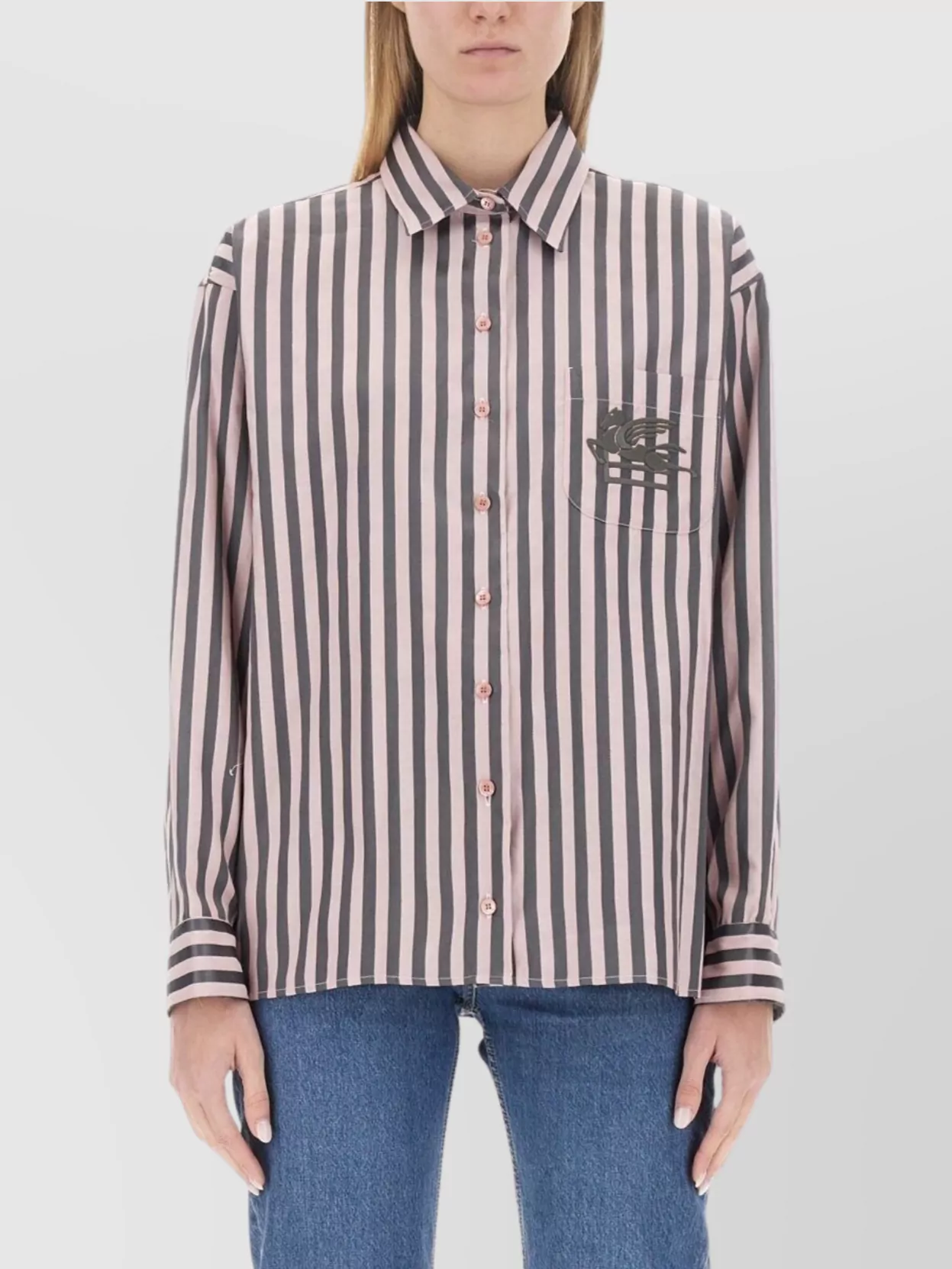Etro Boyfriend Awning Striped Shirt With Logo Embroidery In Pink