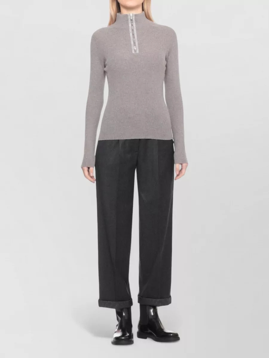 D.exterior Wool Ribbed High Neck Zip Jumper