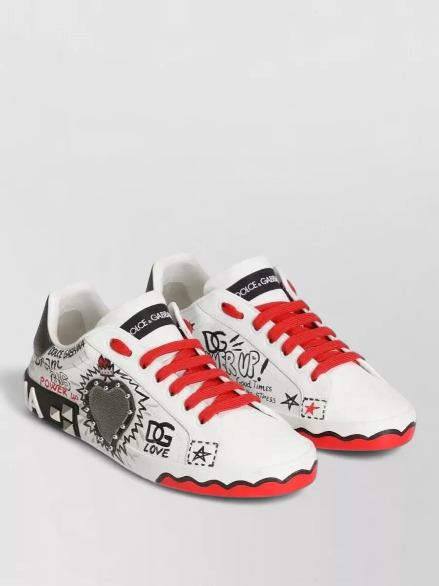 Dolce&Gabbana leather graffiti-print heart-patch low-top sneakers