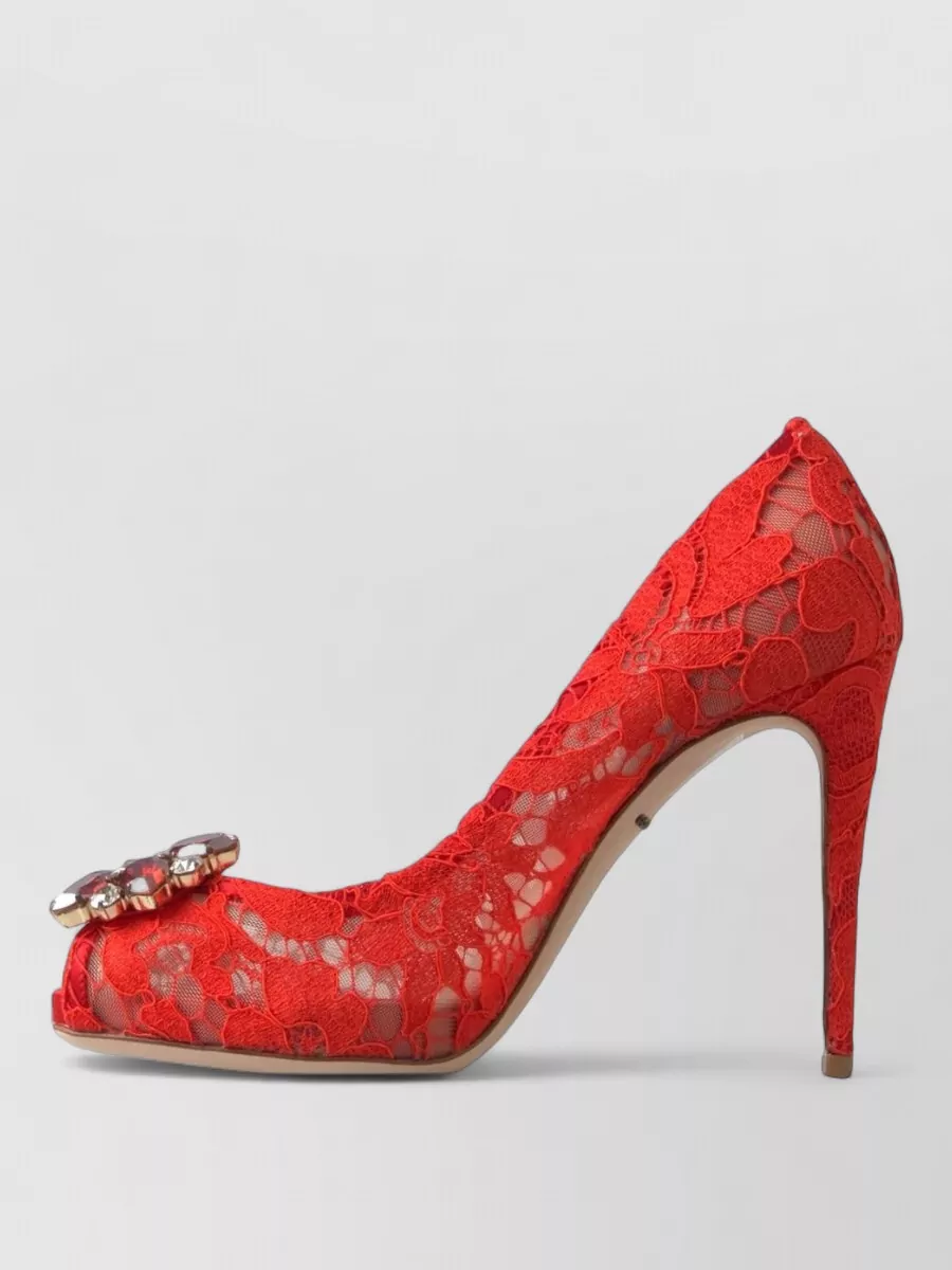Dolce&Gabbana Silk Lace Crystal-Embellished Peep-Toe Pumps