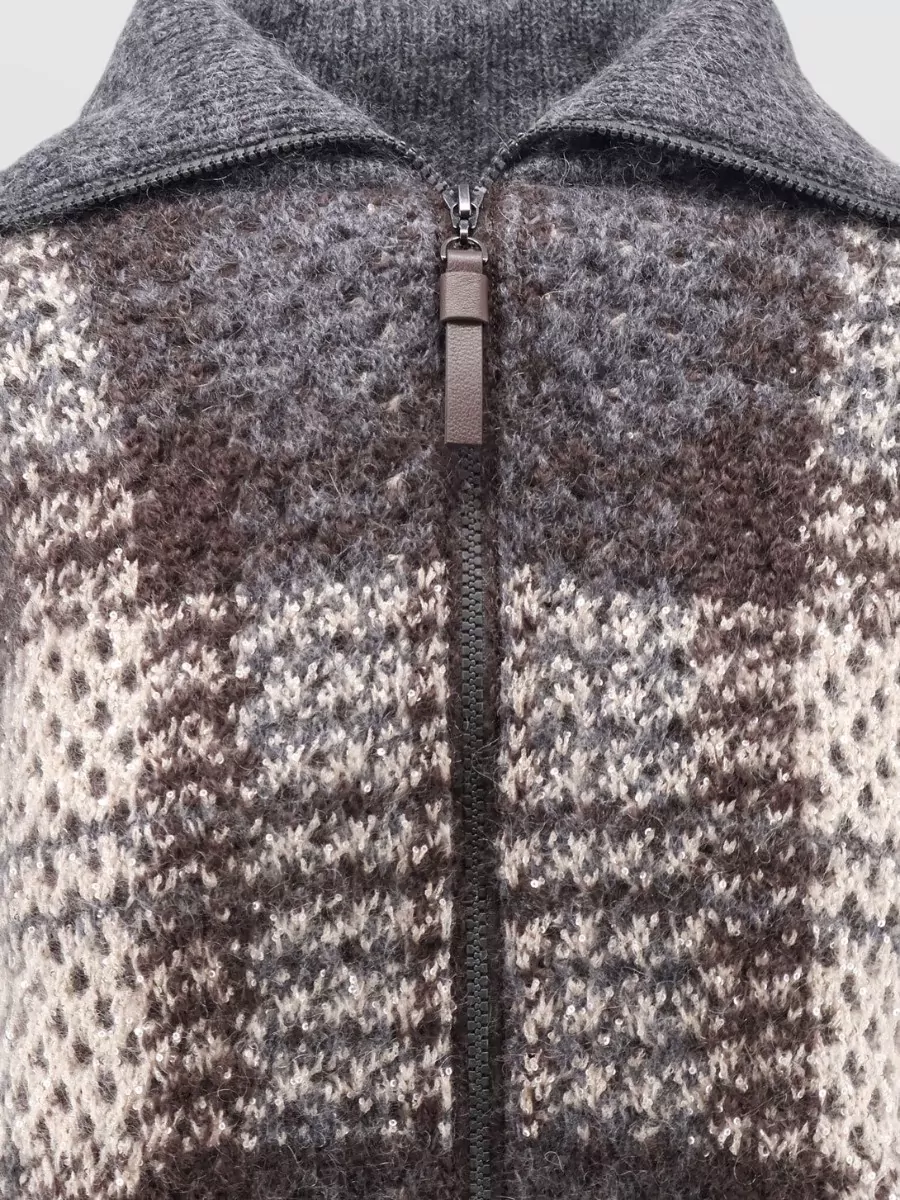 Brunello Cucinelli Mohair Blend Checked Zip Cardigan