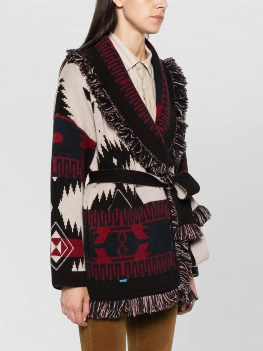 Alanui Cashmere Jacquard Fringed Belted Cardigan