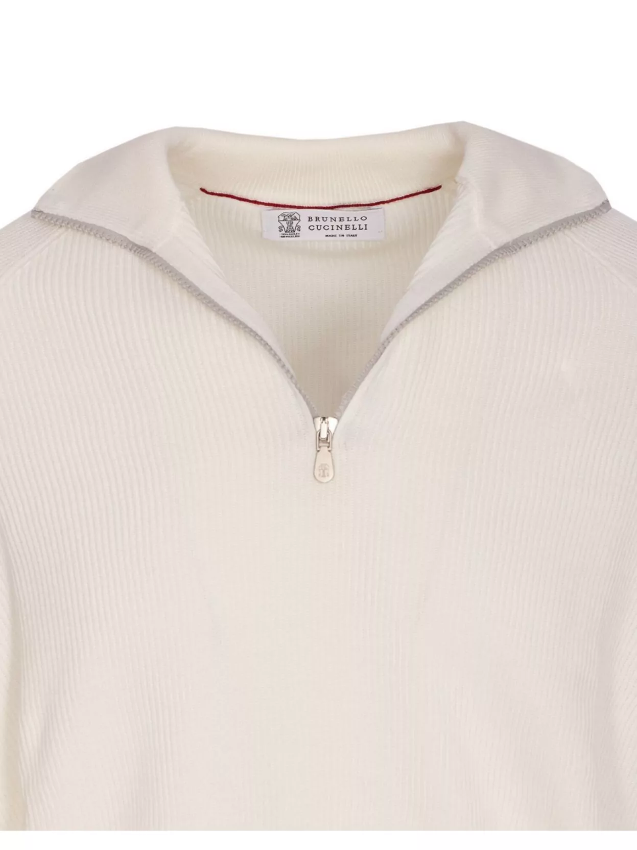 Brunello Cucinelli Men English Rib Cotton Sweater With Zip Opening In Neutral