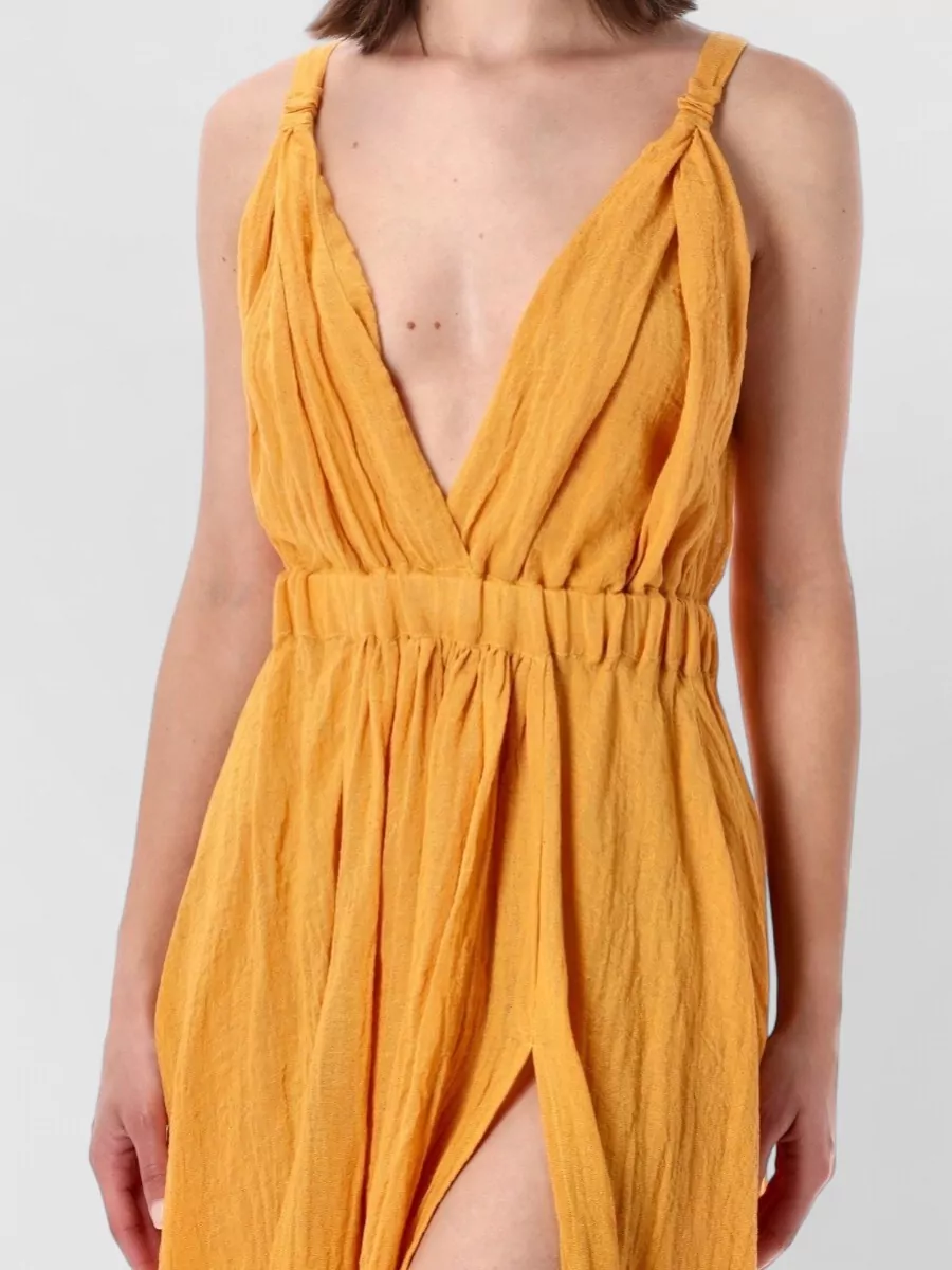 120% Lino Linen Crinkle-Effect Sleeveless V-Neck Open-Back Maxi Dress