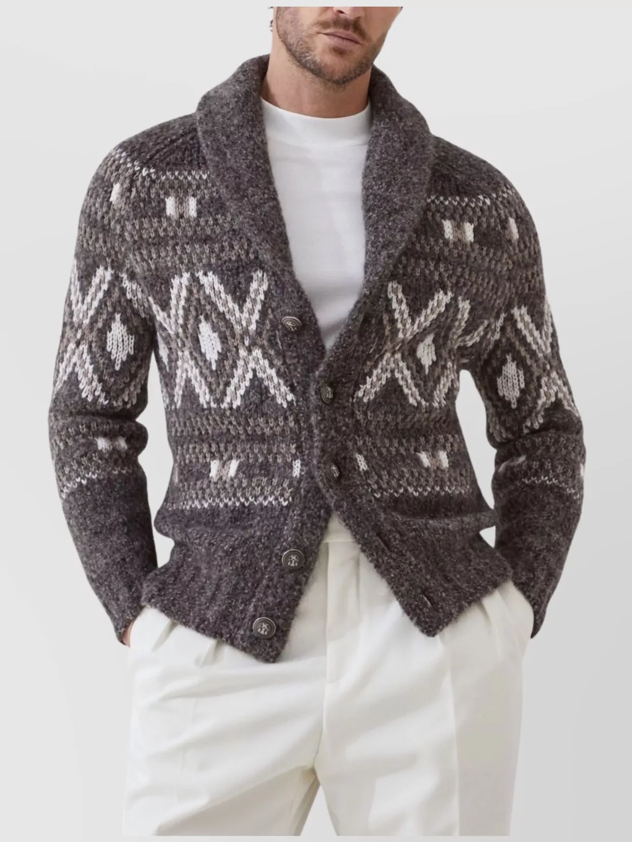 Brunello Cucinelli Wool Cardigan V-Neck Geometric Pattern