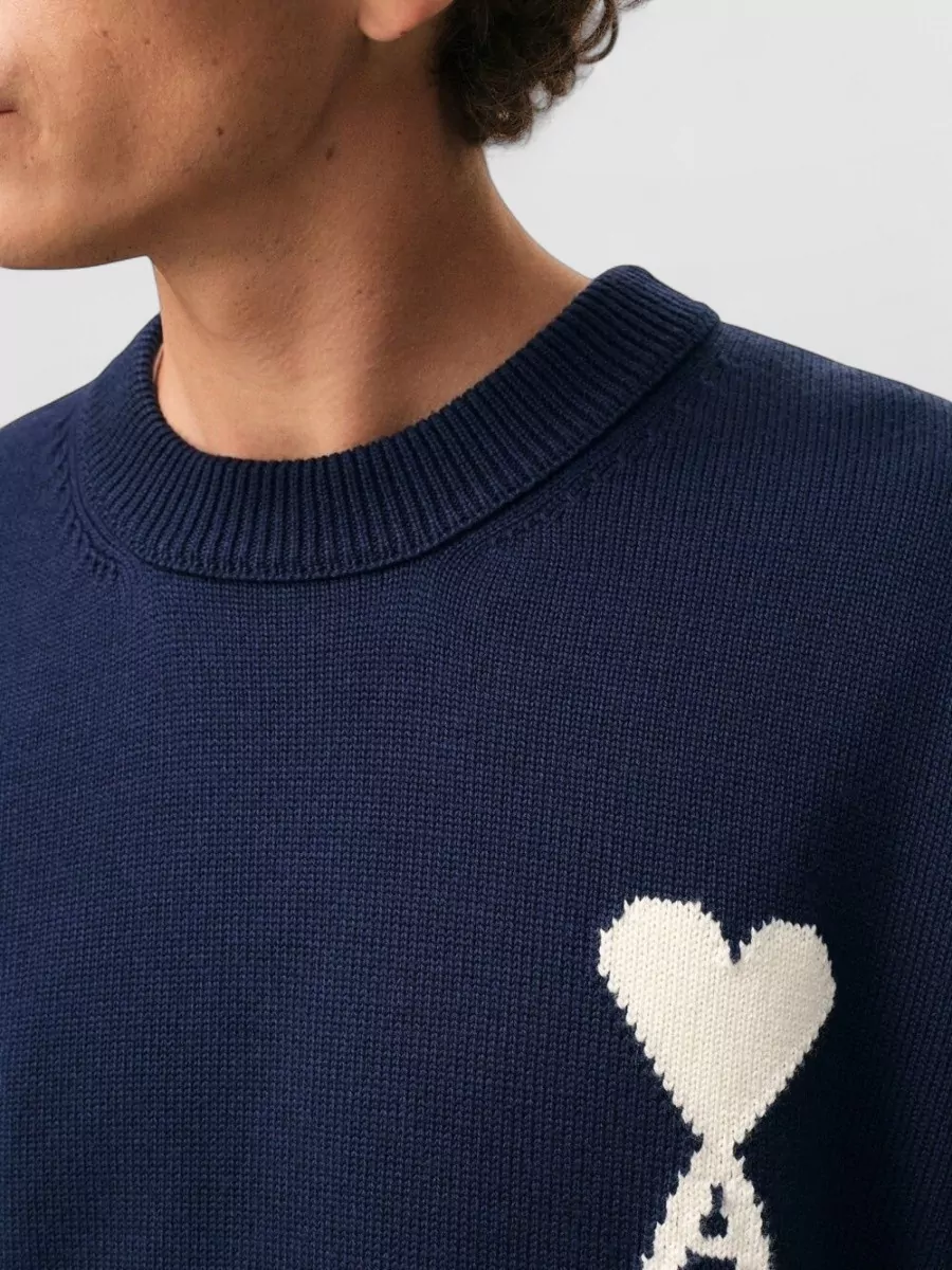 Ami Paris Crewneck Sweater Heart Motif Intarsia Knit