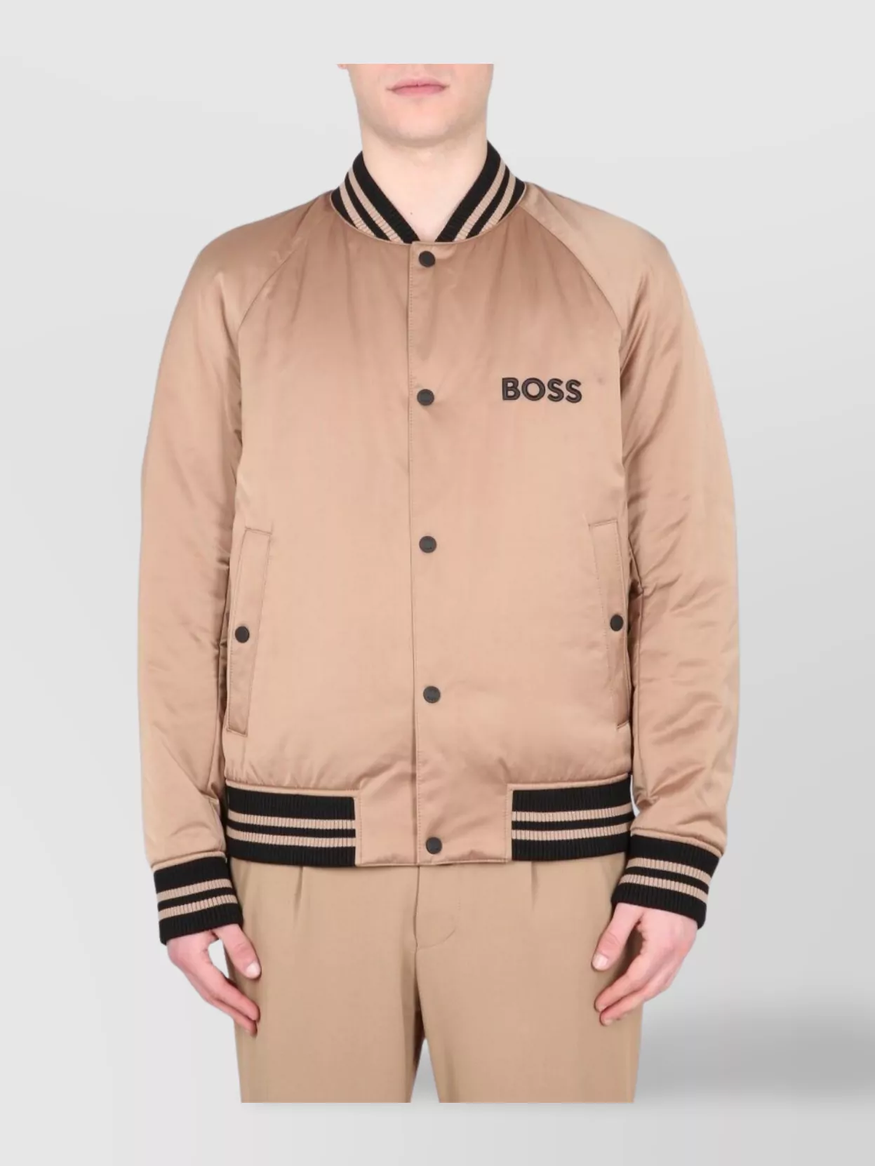 Hugo Boss Logo Bomber Jacket With Ribbed Collar And Cuffs In Neutral