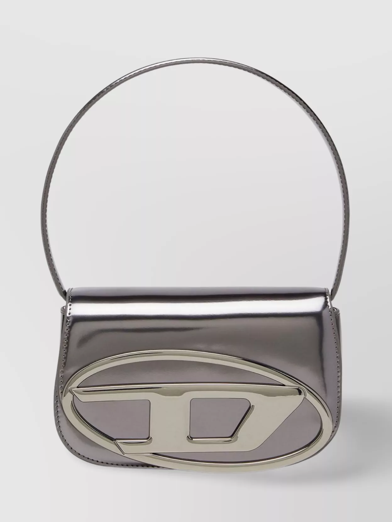 Diesel 1dr leather shoulder bag — The gunmetal Diesel shoulder bag keeps the hardware-centric theme tight, bridges the champagne and silver tones, and adds a sculpted, logo-forward finish that matches the top’s futuristic energy.