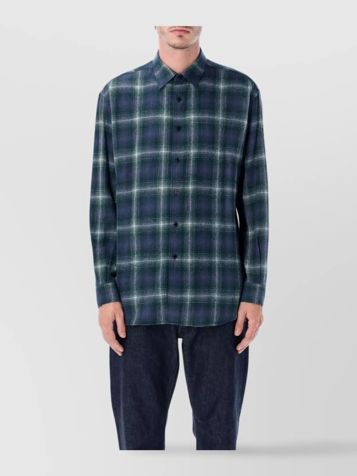 Auralee Lightweight Wool Plaid Long Sleeve Shirt