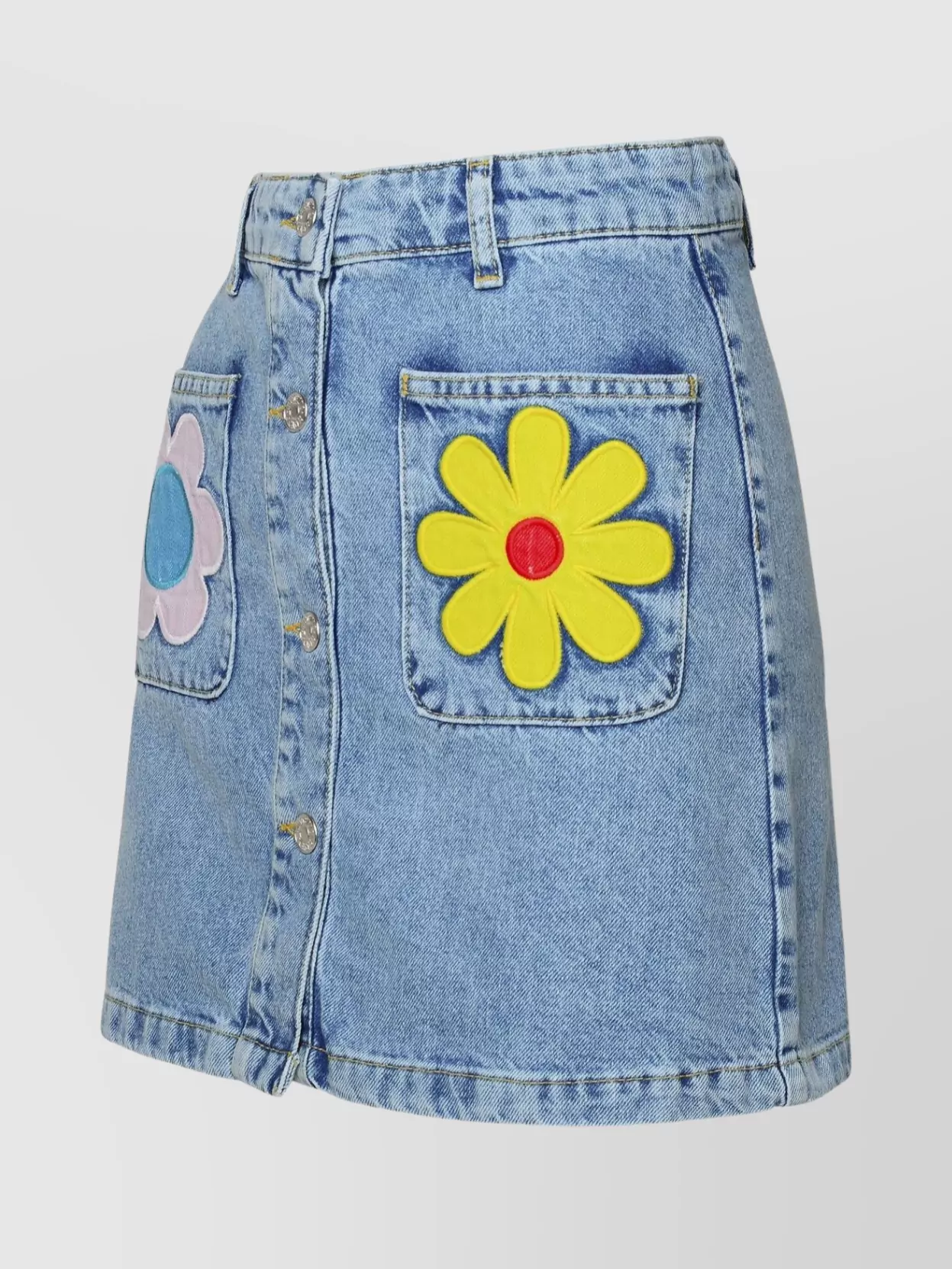 Moschino Denim Skirt With Belt Loops And Floral Applique