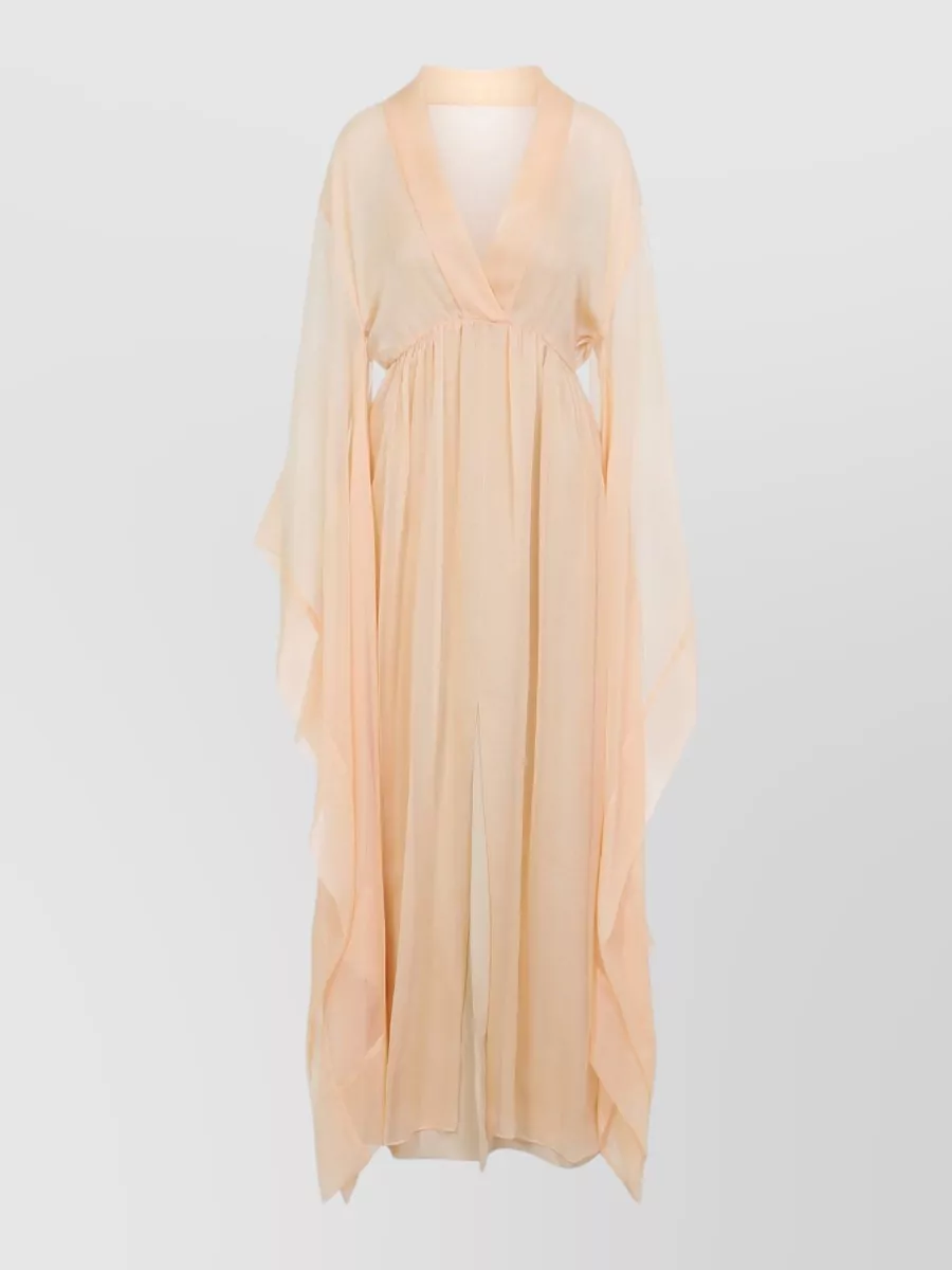 Alberta Ferretti Silk Chiffon V-Neck Asymmetric Long-Sleeve Gathered Maxi Dress