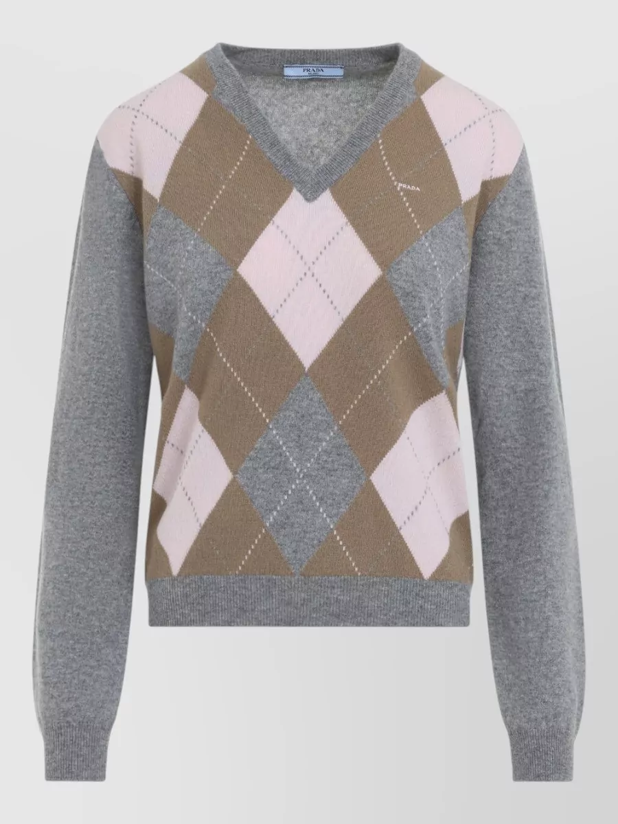 Prada cashmere argyle v-neck sweater