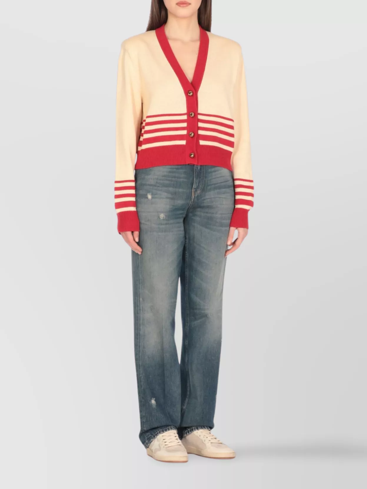 Golden Goose Beige Cardigan With Red Stripes In Brown
