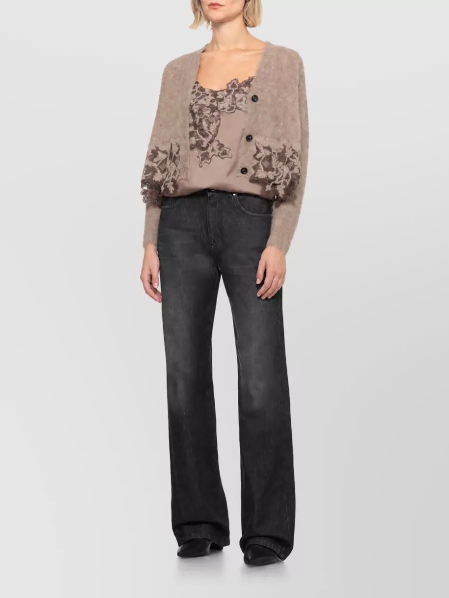 D.exterior Alpaca Wool Lace Trim V-Neck Cardigan