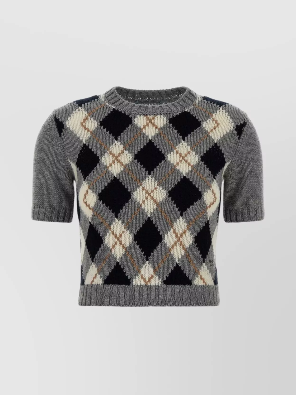 Prada Cashmere Sweater With Argyle Pattern And Ribbed Hem In Gray