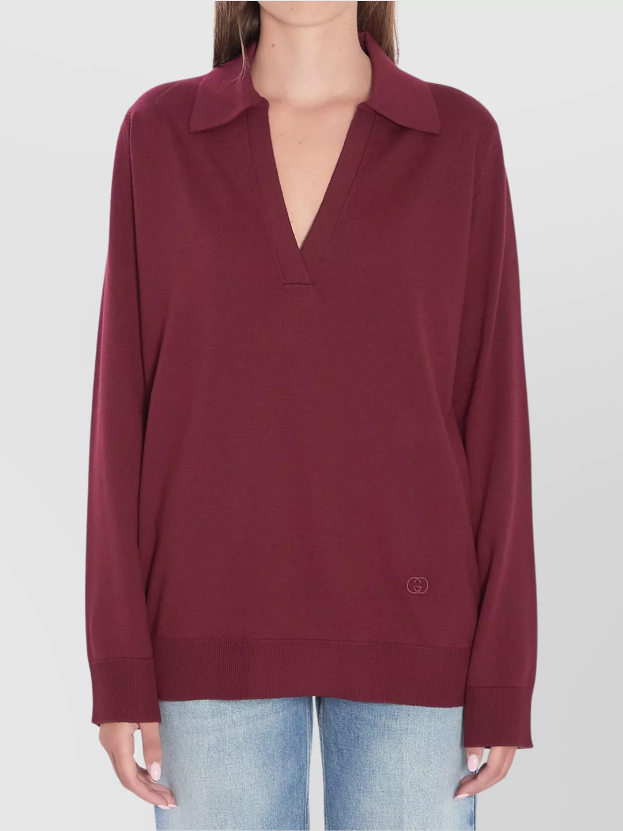 Gucci Wool Polo With Long Sleeves And V-neck In Pink