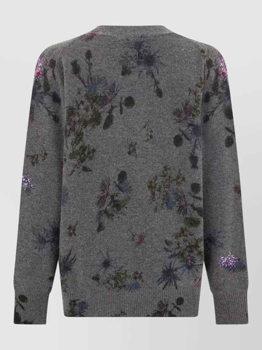 Blumarine Cashmere Wool Floral Print V-Neck Long-Sleeve Cardigan