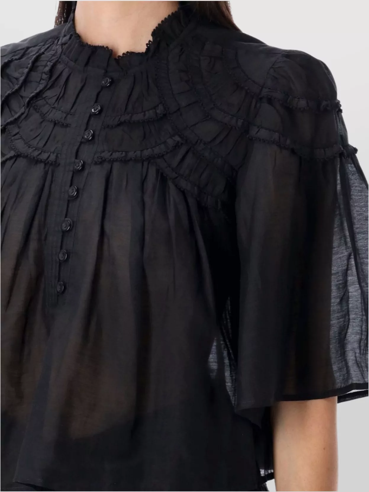 Isabel Marant Etoile High Neck Ruffled Sheer Short Sleeve Top