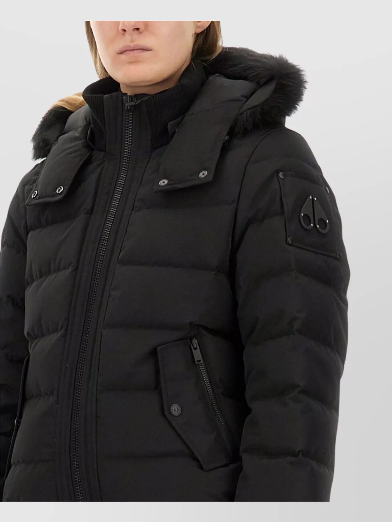 Moose Knuckles Logo Hooded Fur Trim Quilted Jacket