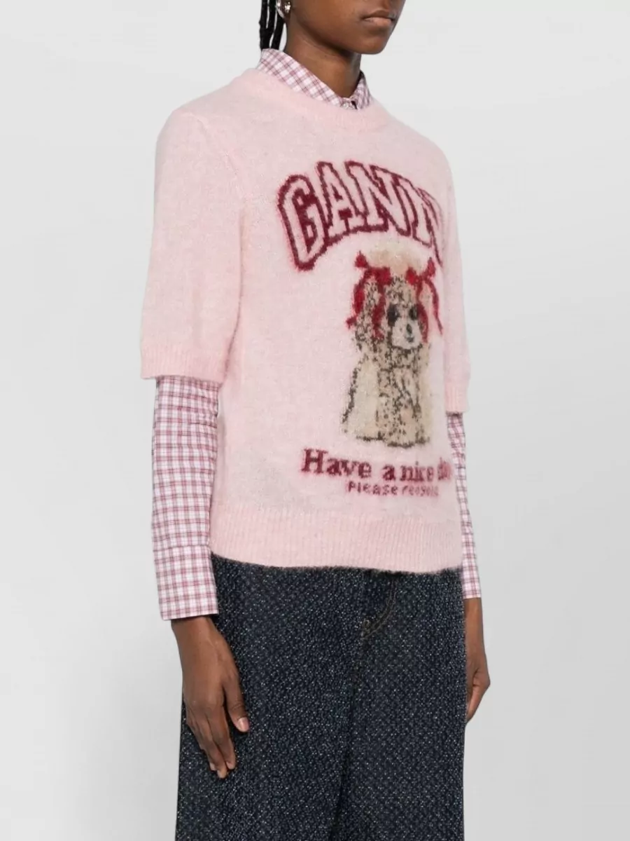 Ganni Crew Neck Graphic Top Short Sleeves