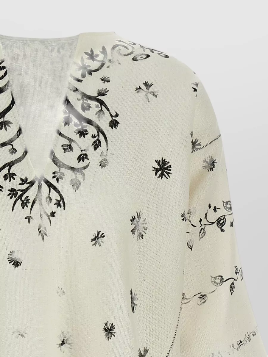 Alberta Ferretti Linen Printed V-Neck Long-Sleeve Shirt
