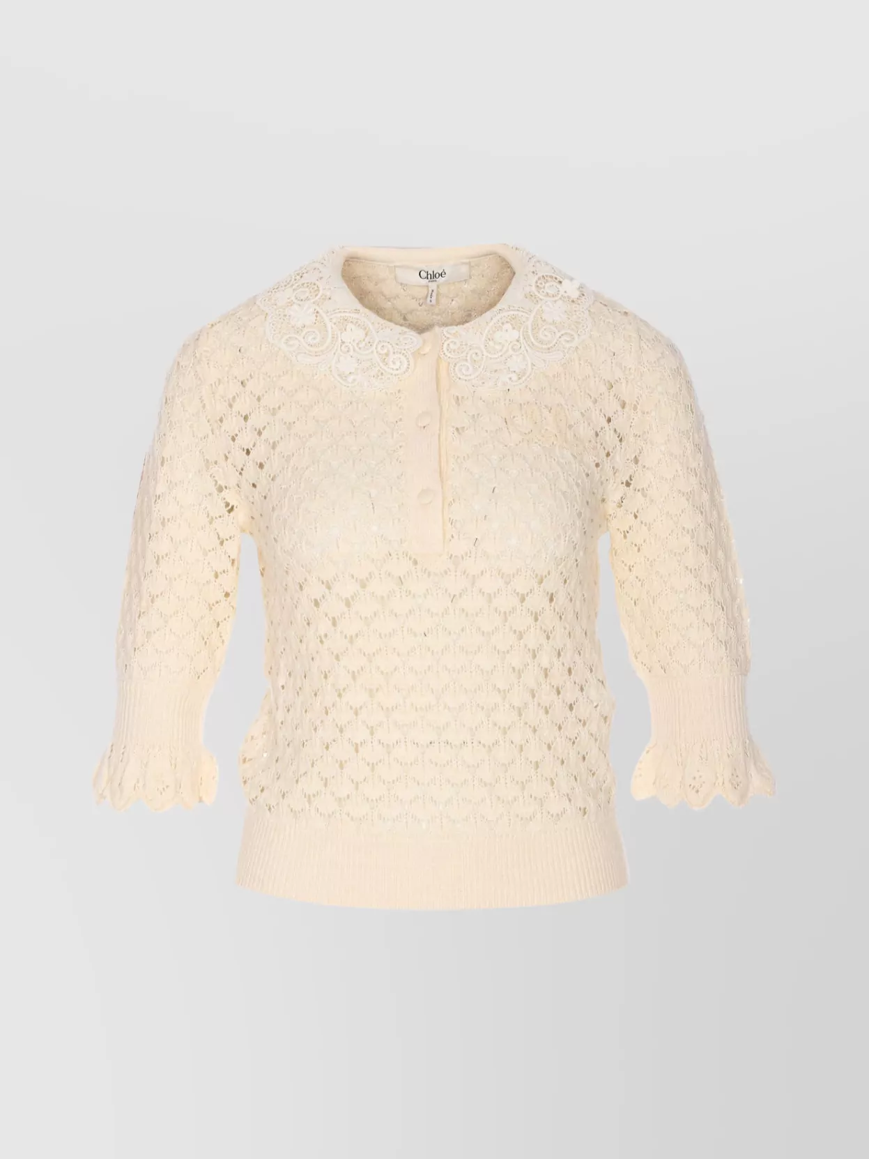 Chloé Textured Knit Crewneck Lace Collar In Neutral