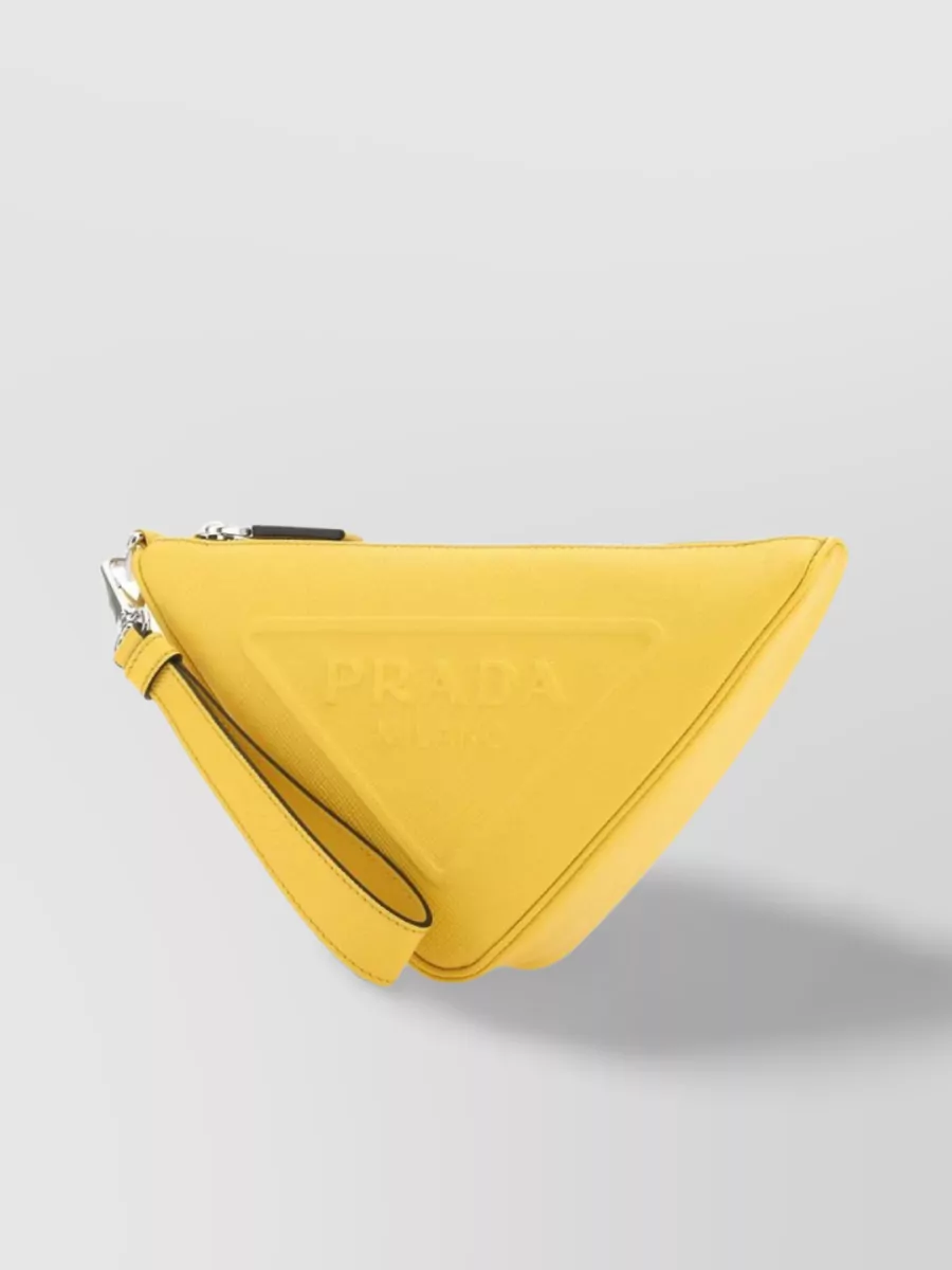 Shop Prada Geometric Leather Clutch With Convenient Wrist Strap In Yellow
