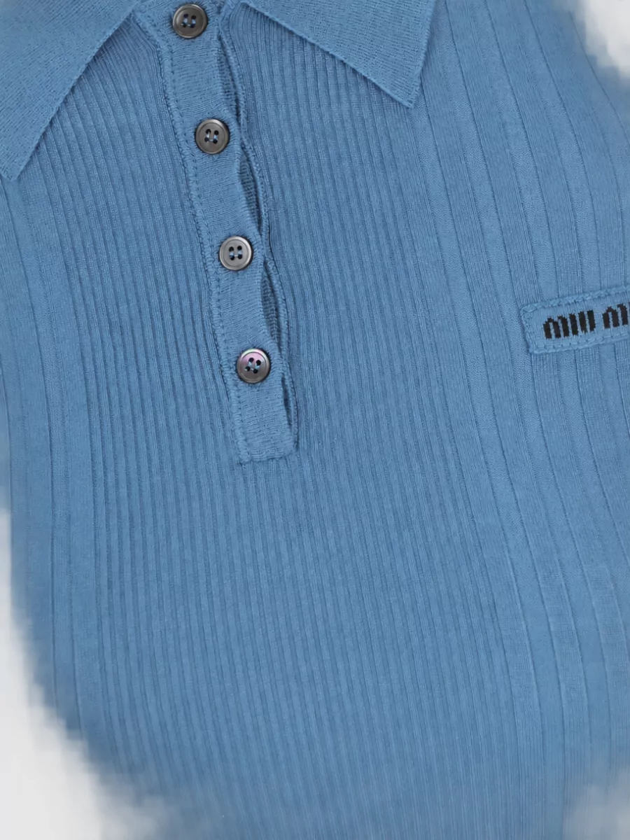 Miu Miu Ribbed Wool Short-Sleeve Polo Top