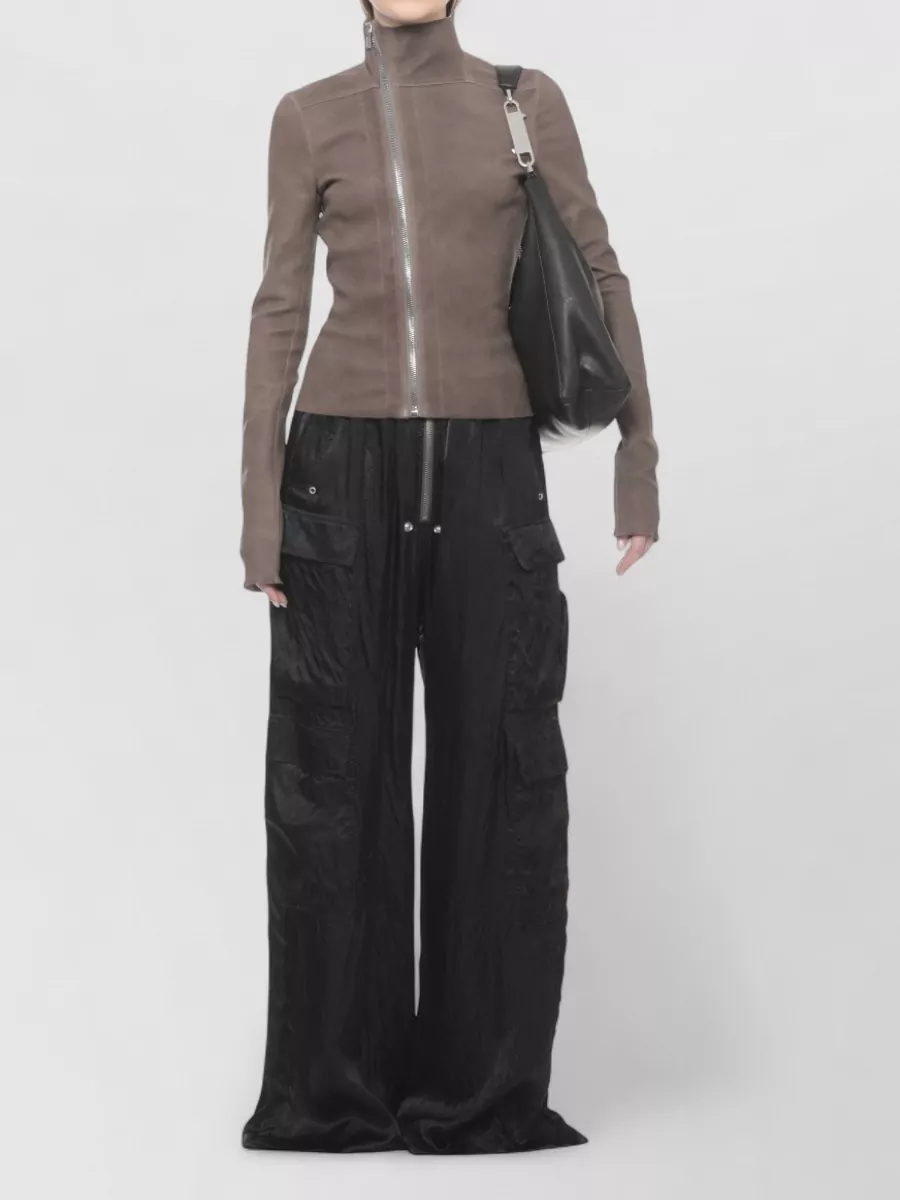 Rick Owens Leather High-Neck Asymmetric-Zip Fitted Jacket
