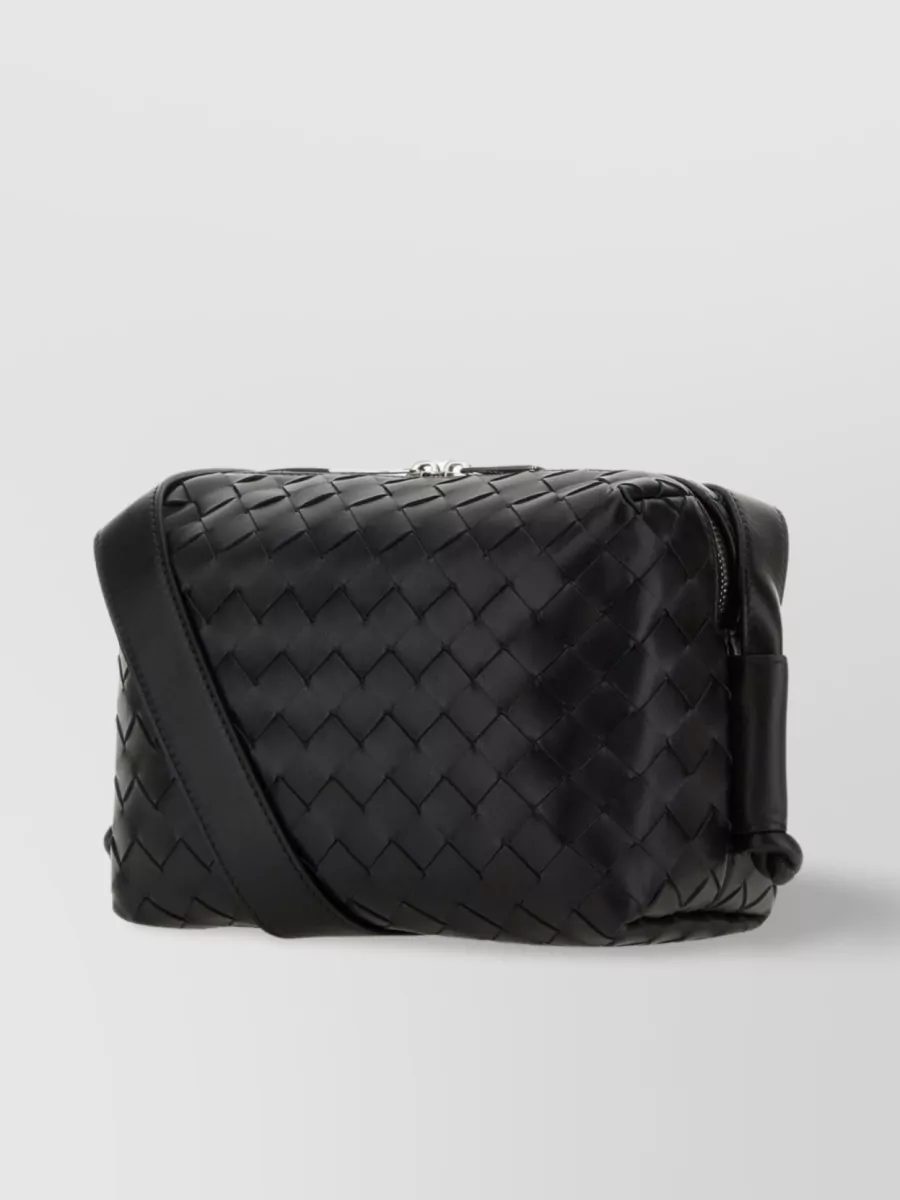 Shop Bottega Veneta Leather Loop Bag With Woven Intrecciato Detail In Black