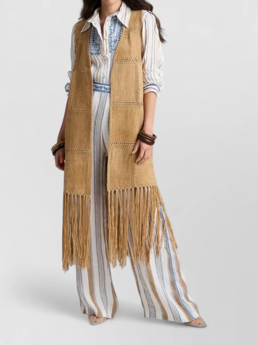 Pho® Firenze Long Suede Gilet Fringe Patchwork Sleeveless In Multi