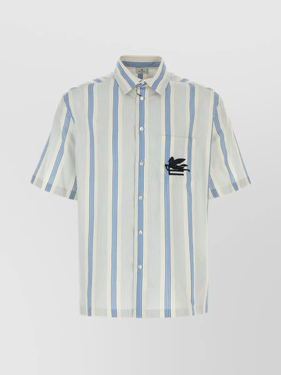 Shop Etro Pegaso Striped Short Sleeve Cotton Shirt In Grey