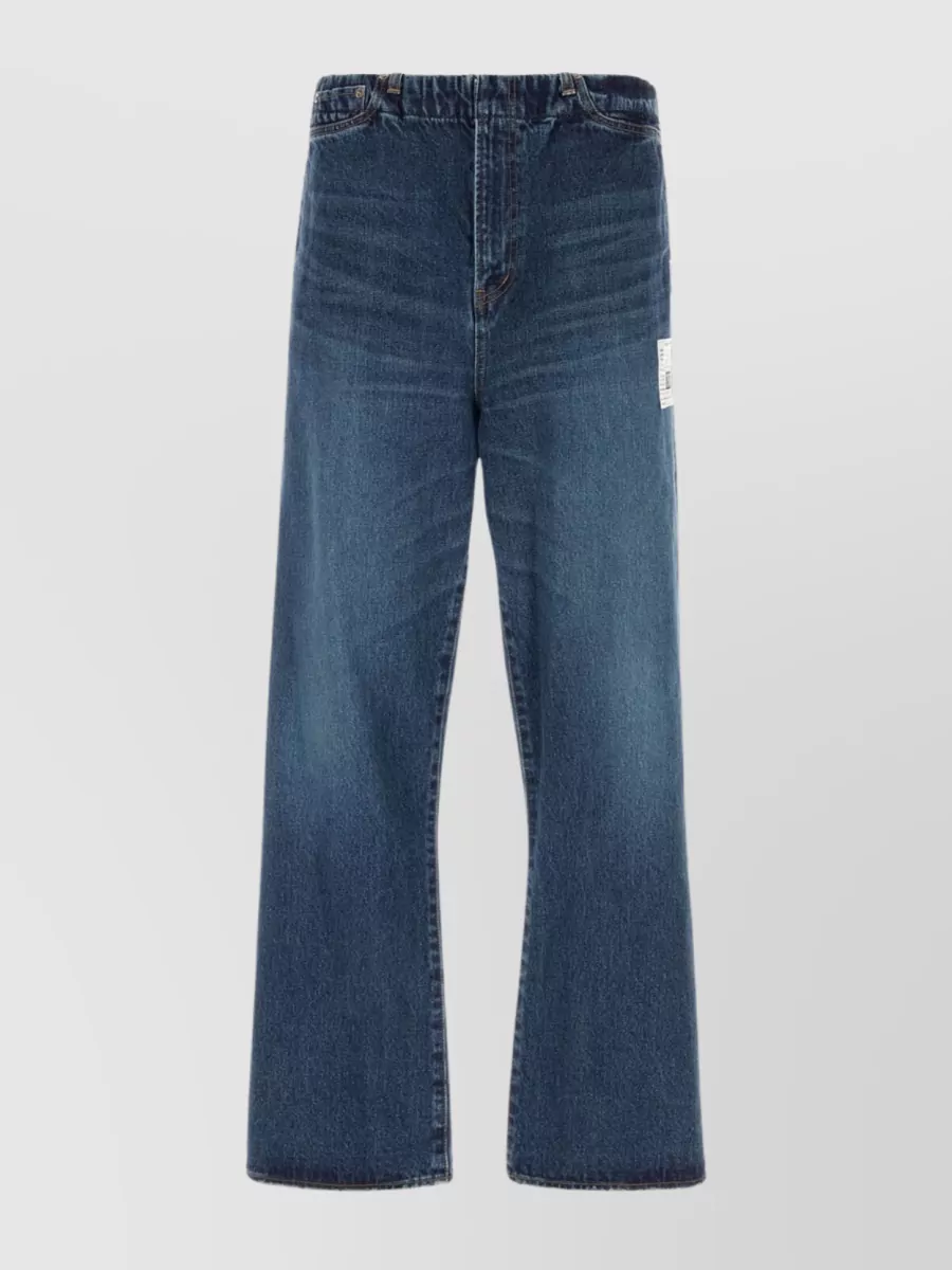 Shop Miharayasuhiro Wide-cut Cotton Denim Trousers With Contrast Stitching In Blue