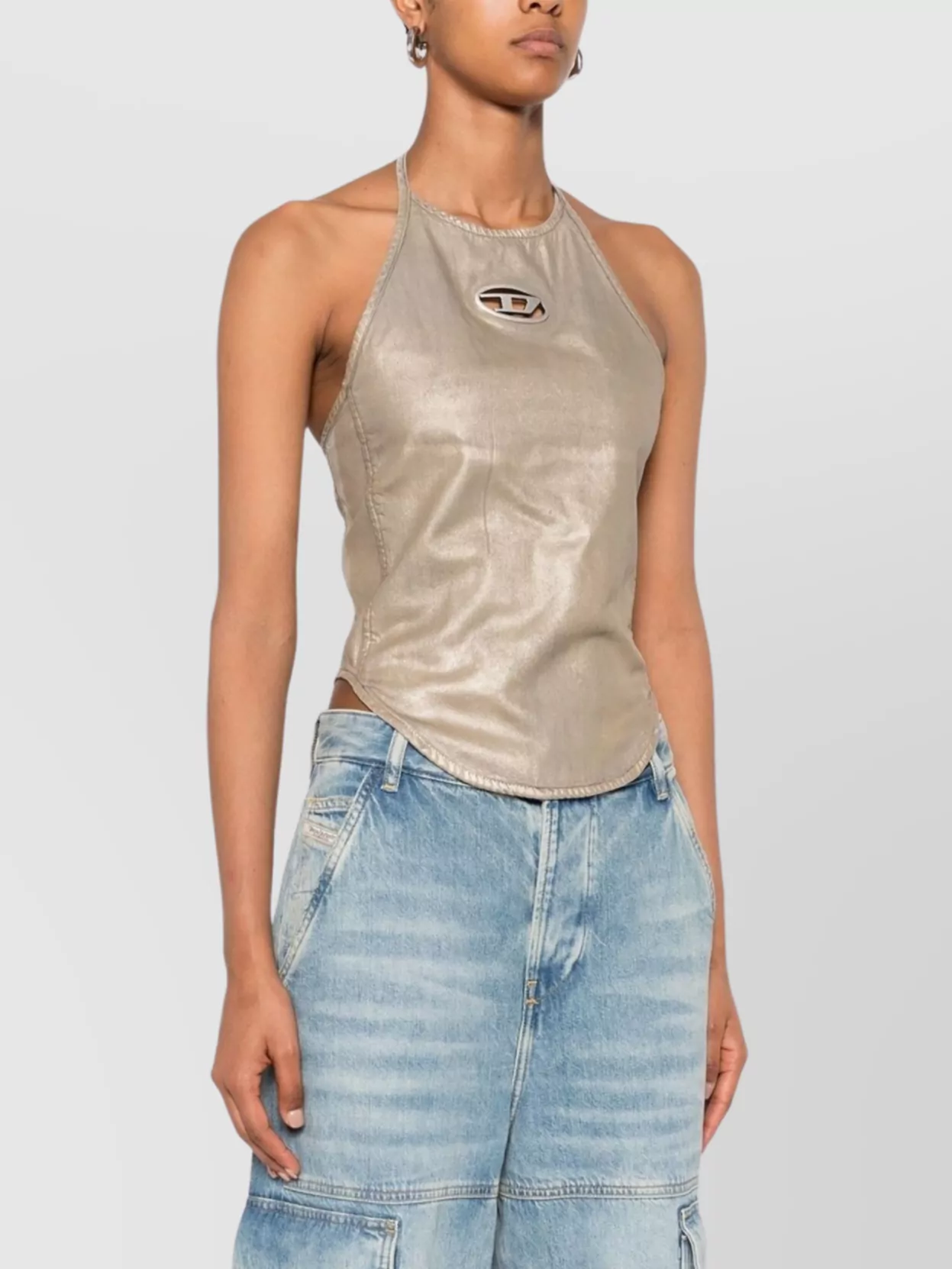 Diesel Halterneck Top With Curved Hem And Shine