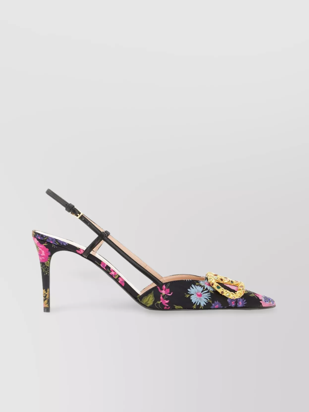 Valentino Floral Print Stiletto Heels With Gold Embellishment