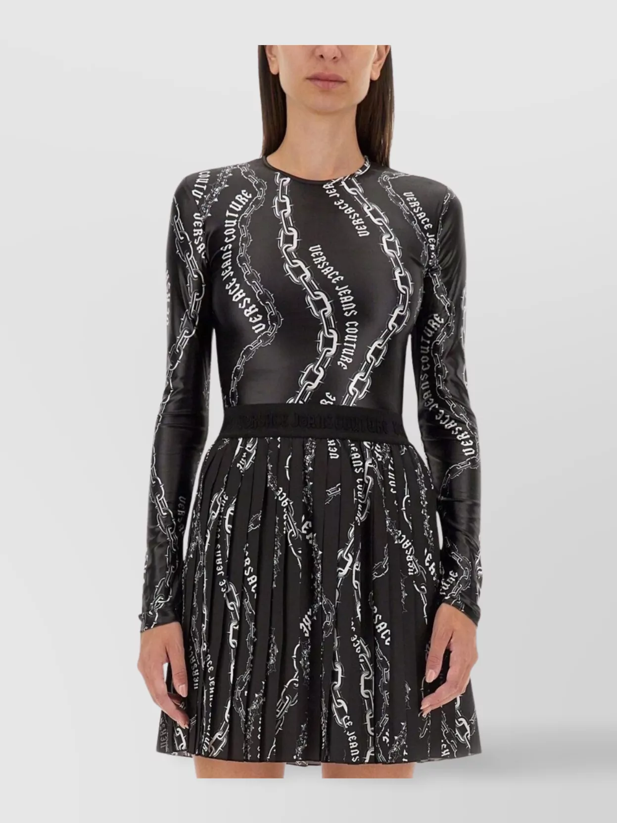 Versace Jeans Couture Bodysuit In Chain Print And Pleated Skirt